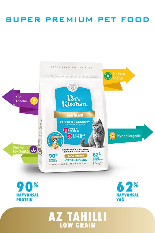 Pet's Kitchen  Sterilized Cat Food, Anchovy and Chicken, 1.5 kg