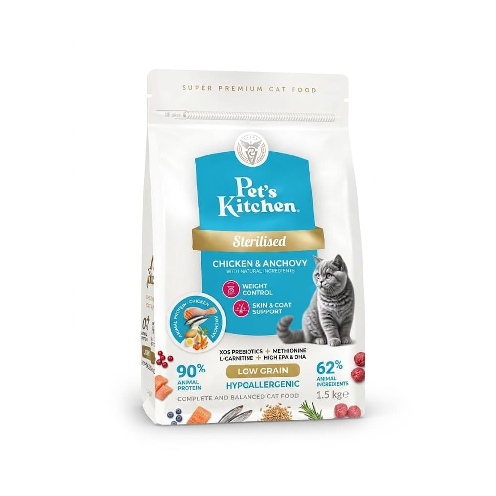 Pet's Kitchen طعام للقطط المعقّمة، أنشوجة ودجاج، 1.5 كغ