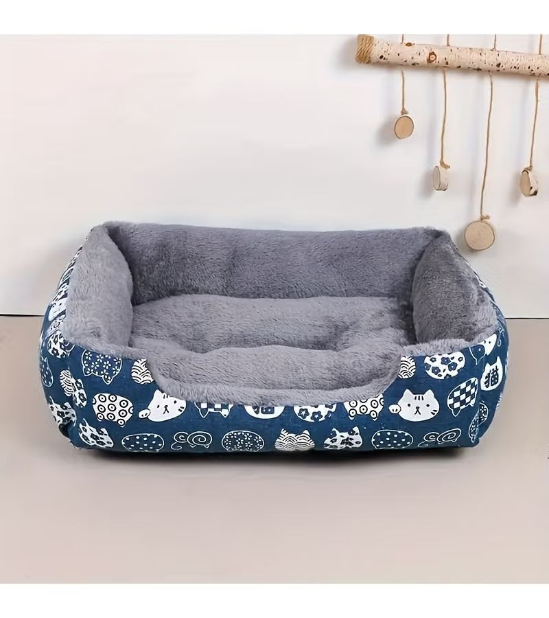 Super Soft Pet Bed Plush Blue Paw Print Cozy Indoor Cat Dog Cushion Small