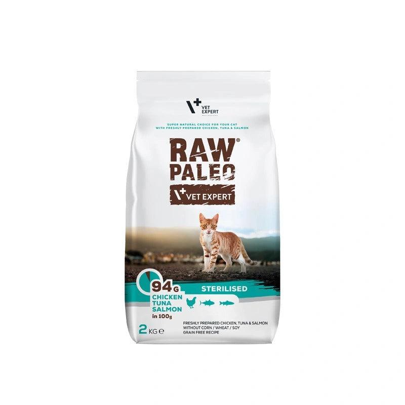 Vetexpert Raw Paleo Sterilized Cat 2kg -Dry food with chicken, tuna and salmon